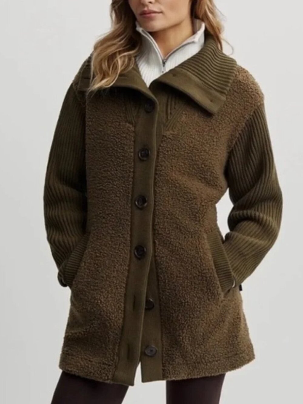 Varley Elliot Jacket Boucle Faux Sherpa Shearling SZ S Dark Olive